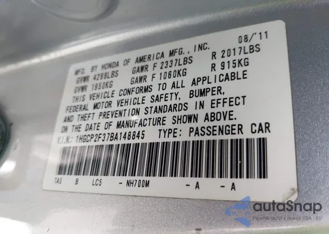 2011 Honda Accord 2.4 Lx from USA, damaged, VIN 1HGCP2F37BA14845